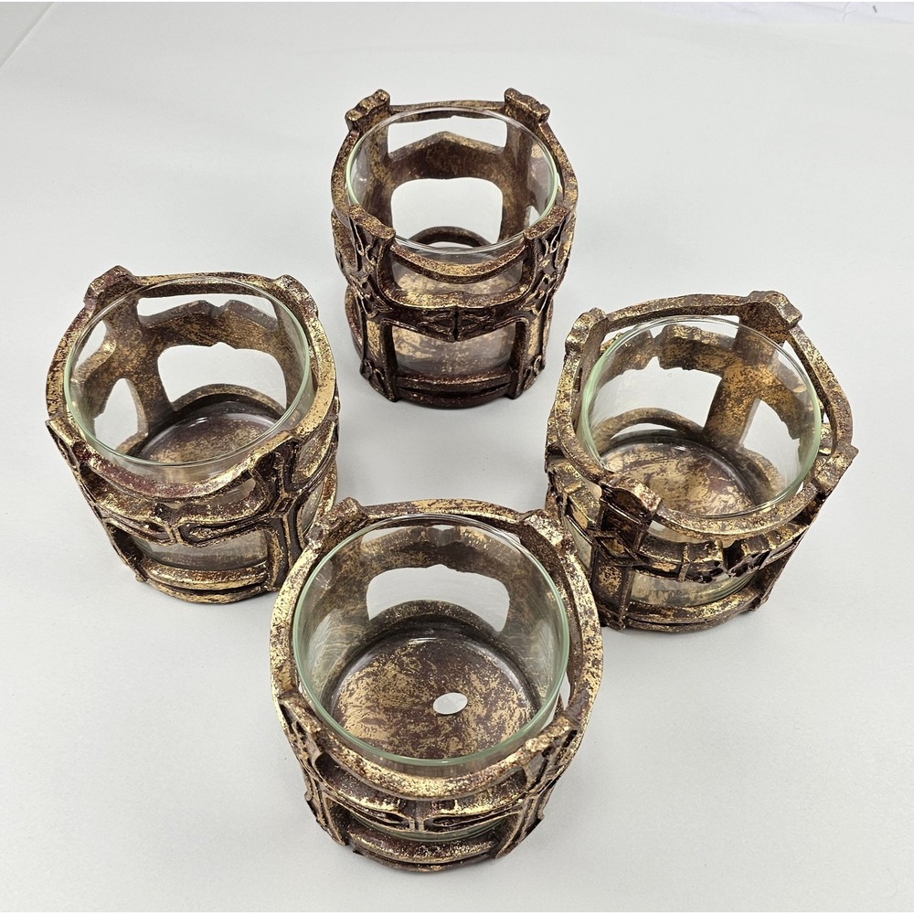 Set of 4 Bronze Finish Glass Candle Holders Votive Tea Light Home Decor